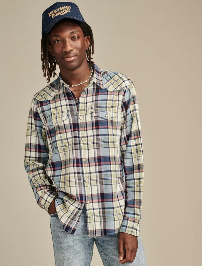 Indigo Plaid Western Long Sleeve Shirt Multi Men Lucky Brand ButtonDowns