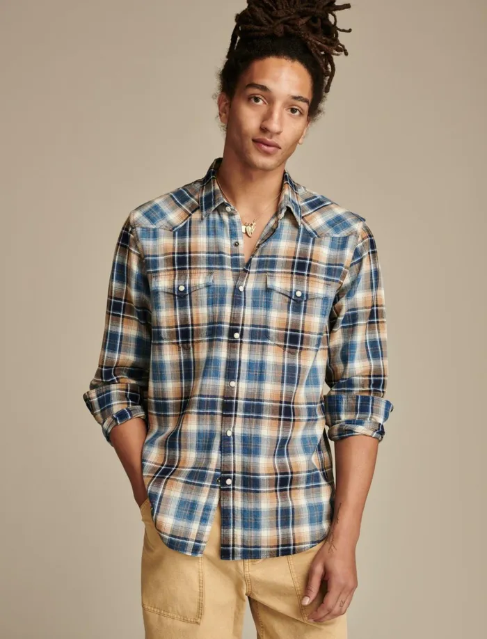 Indigo Western Shirt Indigo Blue Plaid Men Lucky Brand Shirts and Tops