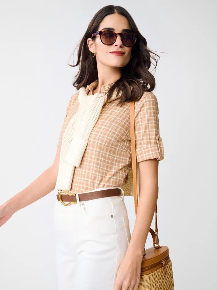 JMclaughlin Cornelia Shirt In Layered Lines Browntan Women Shirts and Tops
