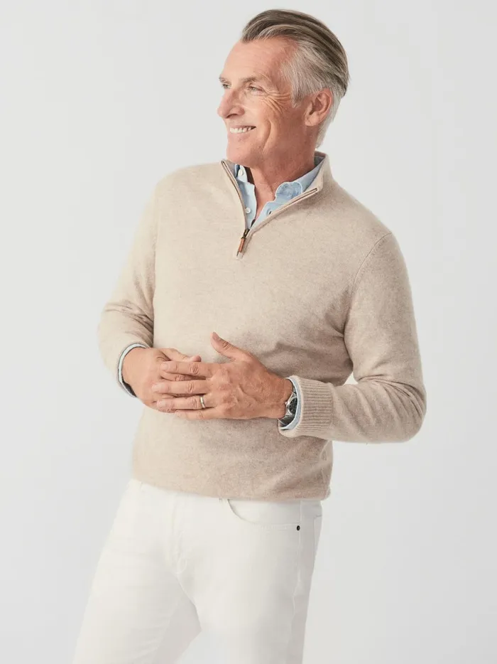JMclaughlin Henry Cashmere 14 Zip Heather Oatmeal Men Sweaters