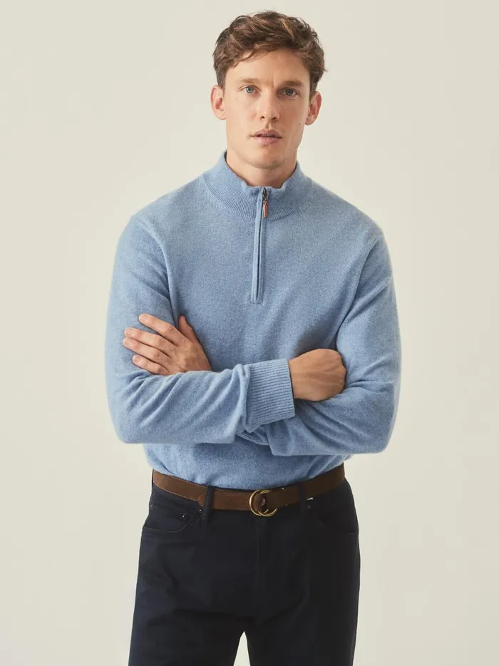 JMclaughlin Henry Cashmere 14 Zip Washed Denim Men Sweaters