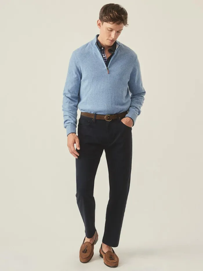 JMclaughlin Henry Cashmere 14 Zip Washed Denim Men Sweaters
