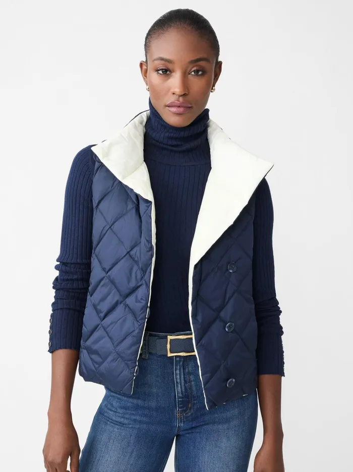 JMclaughlin Vivian Reversible Puffer Vest Dark Navyegret White Women Jackets and Outerwear