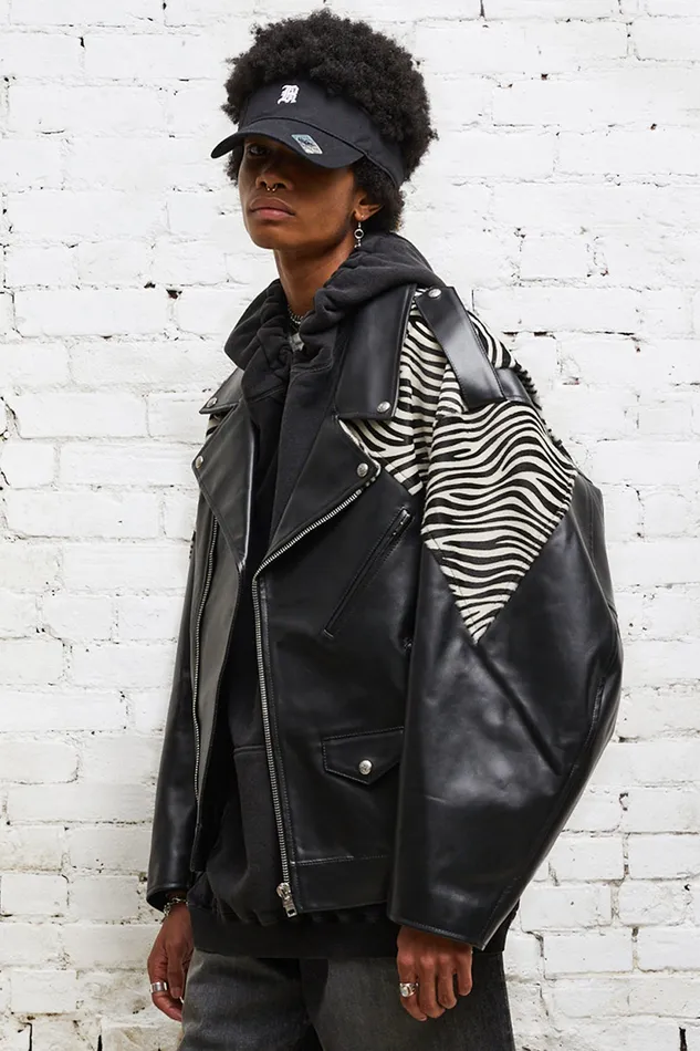 Jackets and Coats R13 Men Oversized Motorcycle Jacket 8211 Black With Zebra