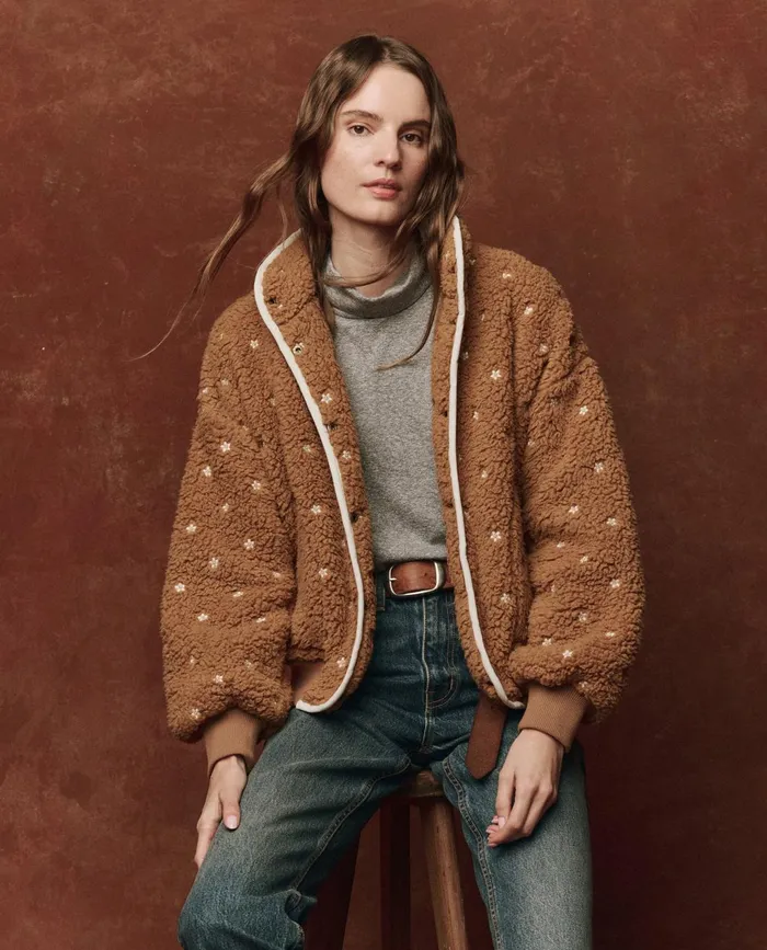 Jackets and Outerwear Women The Great The Blackbird Jacket Teddy With Cream Floral Embroidery