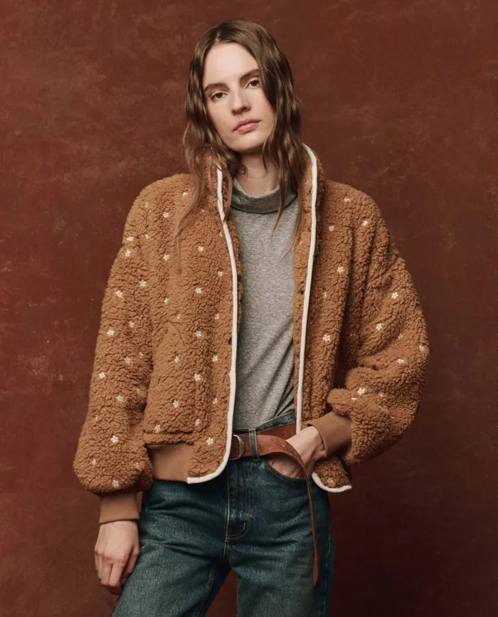 Jackets and Outerwear Women The Great The Blackbird Jacket Teddy With Cream Floral Embroidery Jackets and Outerwear Women The Great The Blackbird Jacket Teddy With Cream Floral Embroidery