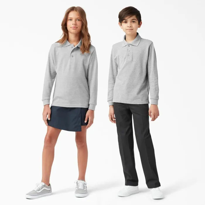 Kids039 Piqu Long Sleeve Polo 420 Heather Gray Heather Gray hg Kids Dickies Shirts