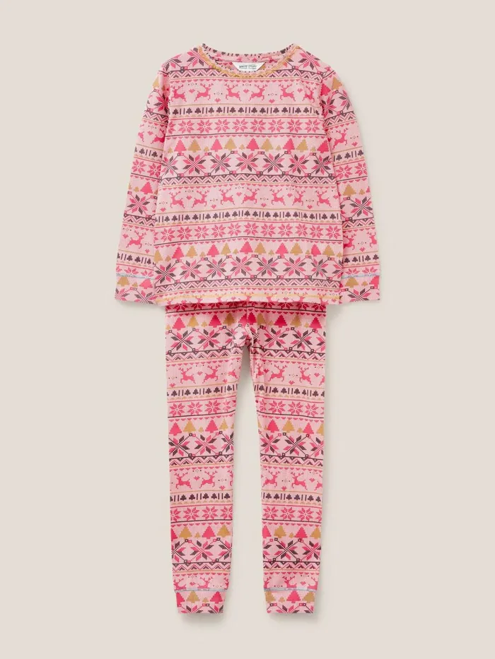 Kids White Stuff Pyjamas Fairisle Printed PJ Set Pink Print