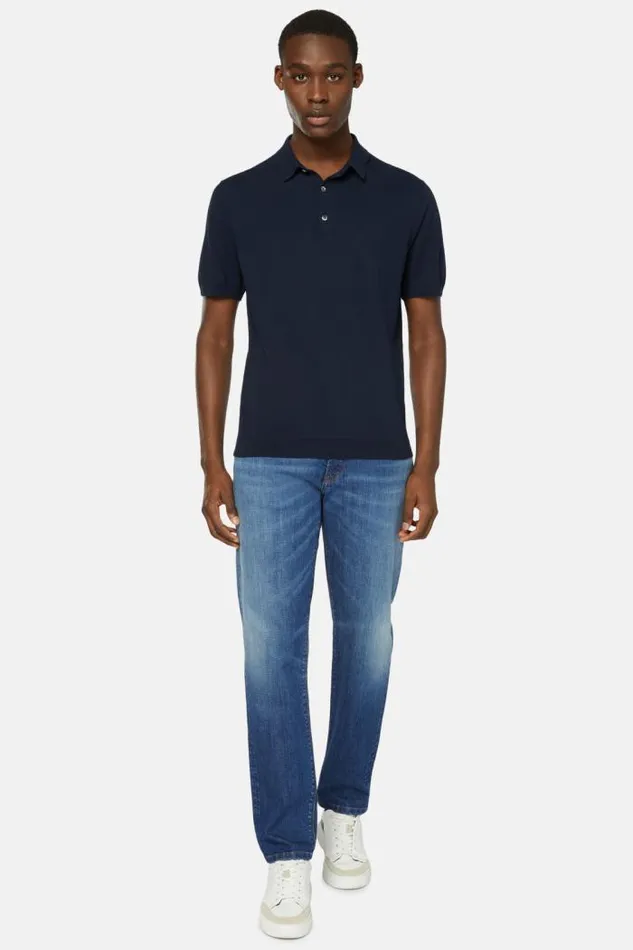 Knitwear Men Boggi Milano Navy Cotton Crepe Knit Polo Shirt Navy Blue