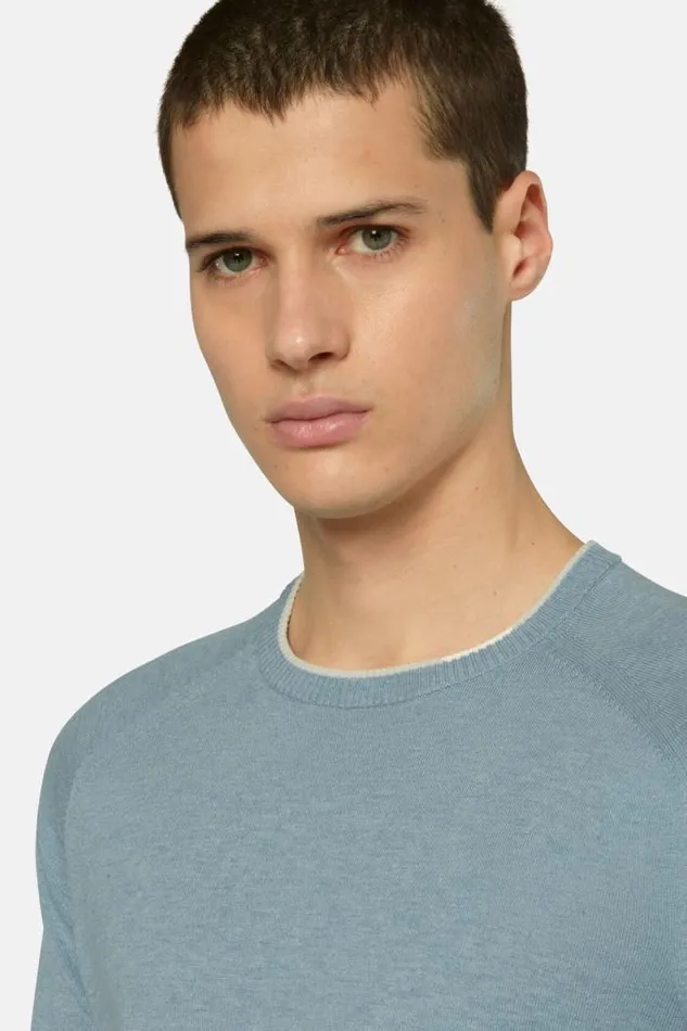 Knitwear Men Boggi Milano Sky Blue Crew Neck Jumper In Cotton Silk And Cashmere Light Blu Knitwear Men Boggi Milano Sky Blue Crew Neck Jumper In Cotton Silk And Cashmere Light Blu