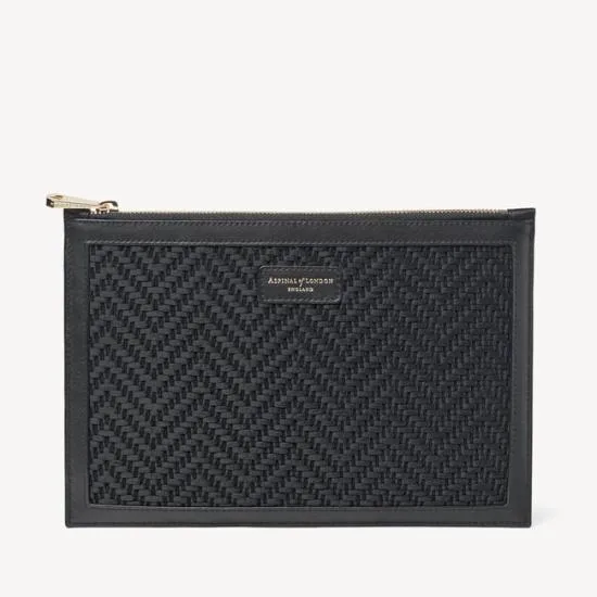 Large Essential Flat Pouch Black Chevron Raffia and Smooth Black Women Aspinal Of London Raffia Large Essential Flat Pouch Black Chevron Raffia and Smooth Black Women Aspinal Of London Raffia