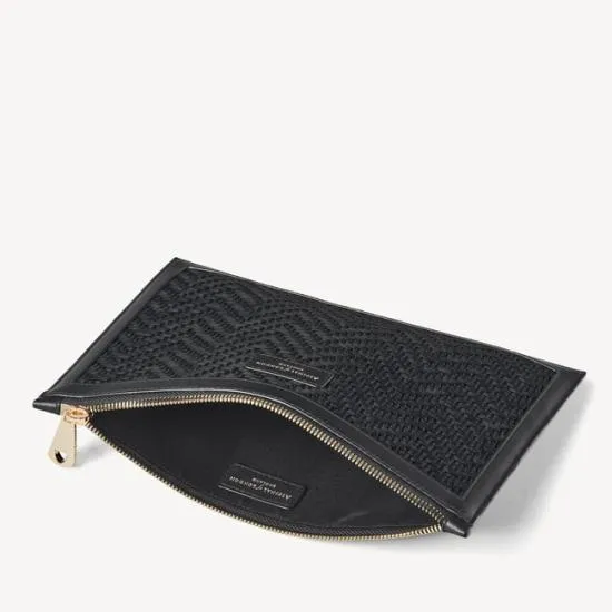 Large Essential Flat Pouch Black Chevron Raffia and Smooth Black Women Aspinal Of London Raffia