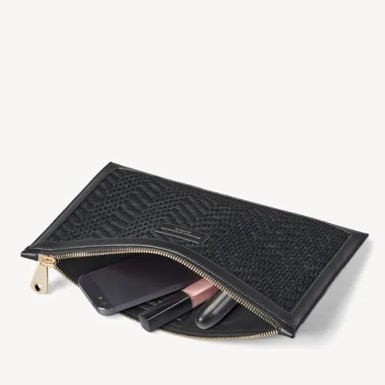 Large Essential Flat Pouch Black Chevron Raffia and Smooth Black Women Aspinal Of London Raffia