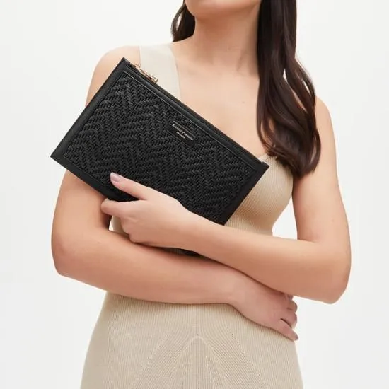 Large Essential Flat Pouch Black Chevron Raffia and Smooth Black Women Aspinal Of London Raffia