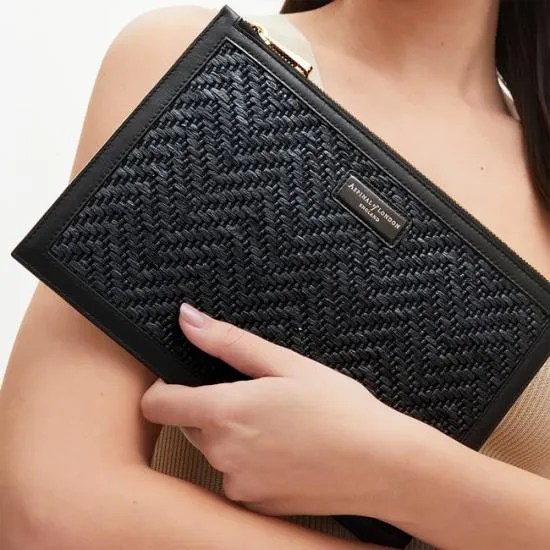 Large Essential Flat Pouch Black Chevron Raffia and Smooth Black Women Aspinal Of London Raffia