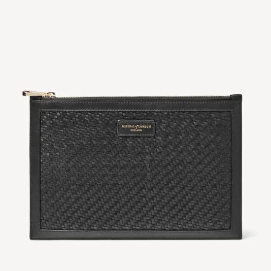Large Essential Flat Pouch Black Woven Leather Women Aspinal Of London Woven Leather Large Essential Flat Pouch Black Woven Leather Women Aspinal Of London Woven Leather