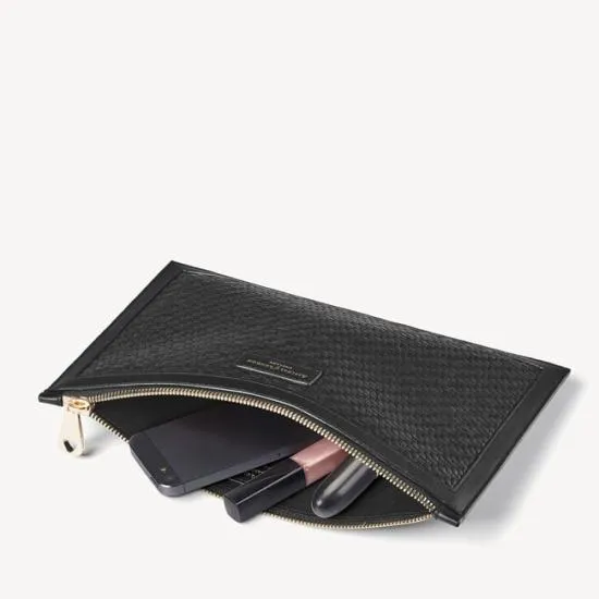 Large Essential Flat Pouch Black Woven Leather Women Aspinal Of London Woven Leather