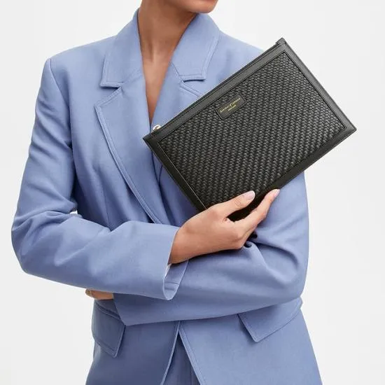 Large Essential Flat Pouch Black Woven Leather Women Aspinal Of London Woven Leather