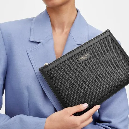 Large Essential Flat Pouch Black Woven Leather Women Aspinal Of London Woven Leather
