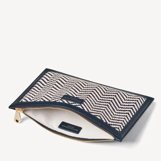 Large Essential Flat Pouch Navy and Ivory Chevron Woven Leather Women Aspinal Of London Woven Leather