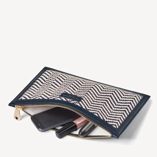 Large Essential Flat Pouch Navy and Ivory Chevron Woven Leather Women Aspinal Of London Woven Leather