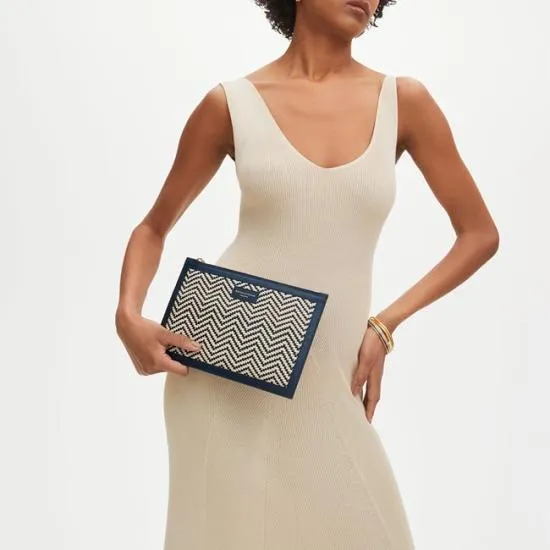 Large Essential Flat Pouch Navy and Ivory Chevron Woven Leather Women Aspinal Of London Woven Leather