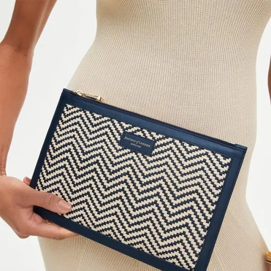 Large Essential Flat Pouch Navy and Ivory Chevron Woven Leather Women Aspinal Of London Woven Leather