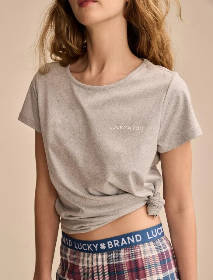 Lb Short Sleeve Tee Set Dark Grey Women Lucky Brand Intimates and Sleepwear