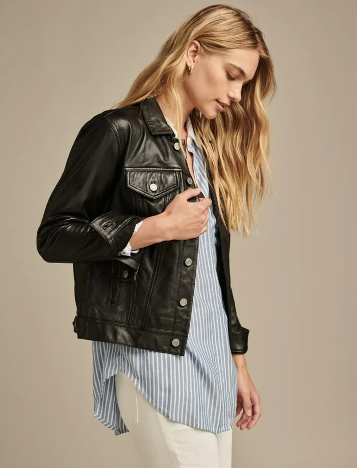 Leather Trucker Jacket 001 Lucky Black Women Lucky Brand Jackets and Outerwear