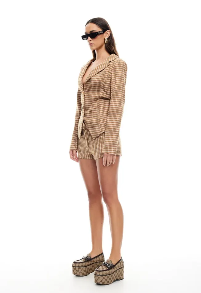 Lioness Fashion BANKS CROP BLAZER Chocolate Check Women Sets and Coords