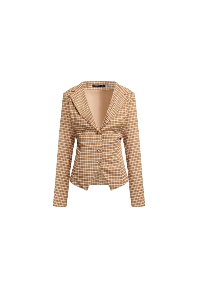 Lioness Fashion BANKS CROP BLAZER Chocolate Check Women Sets and Coords