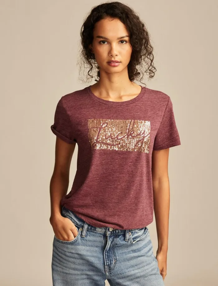 Lucky Sequins Classic Crew Maroon Banner Women Lucky Brand Graphic Tees