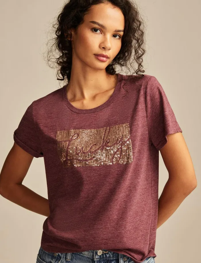 Lucky Sequins Classic Crew Maroon Banner Women Lucky Brand Graphic Tees