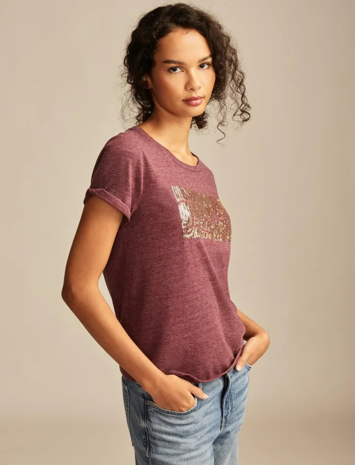 Lucky Sequins Classic Crew Maroon Banner Women Lucky Brand Graphic Tees