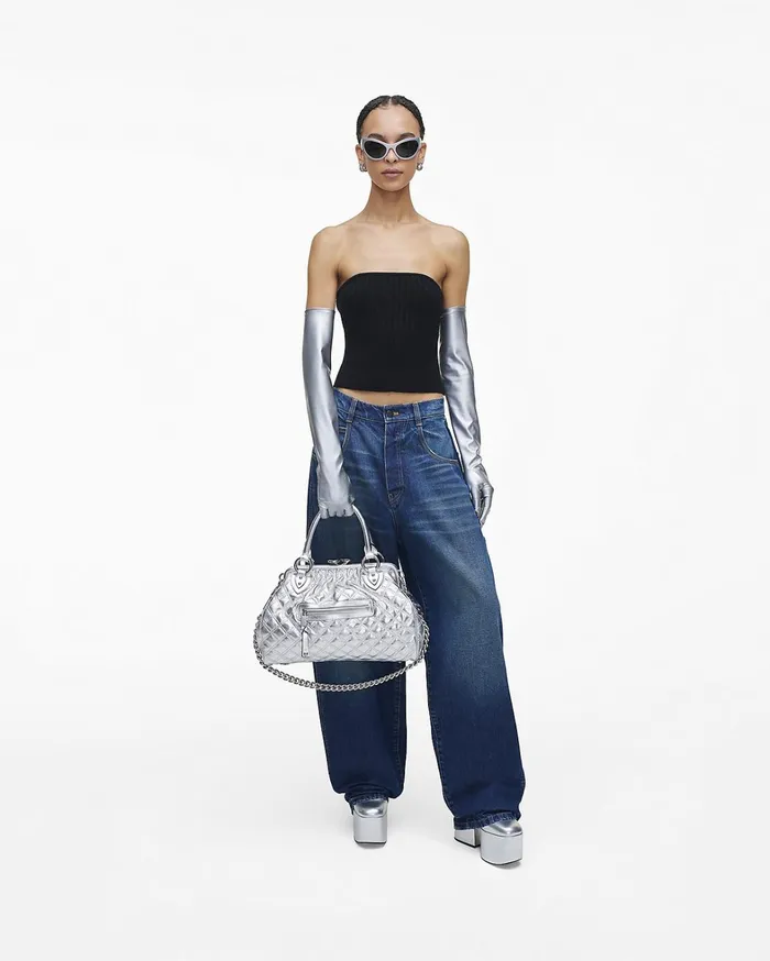 Marc Jacobs Top Handle Bags Women ReEdition Quilted Metallic Leather Stam Bag Silver