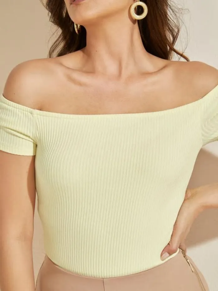 Marciano Eco Angie OfftheShoulder Bodysuit Cornsilk Women Tops And Sweaters Marciano Eco Angie OfftheShoulder Bodysuit Cornsilk Women Tops And Sweaters