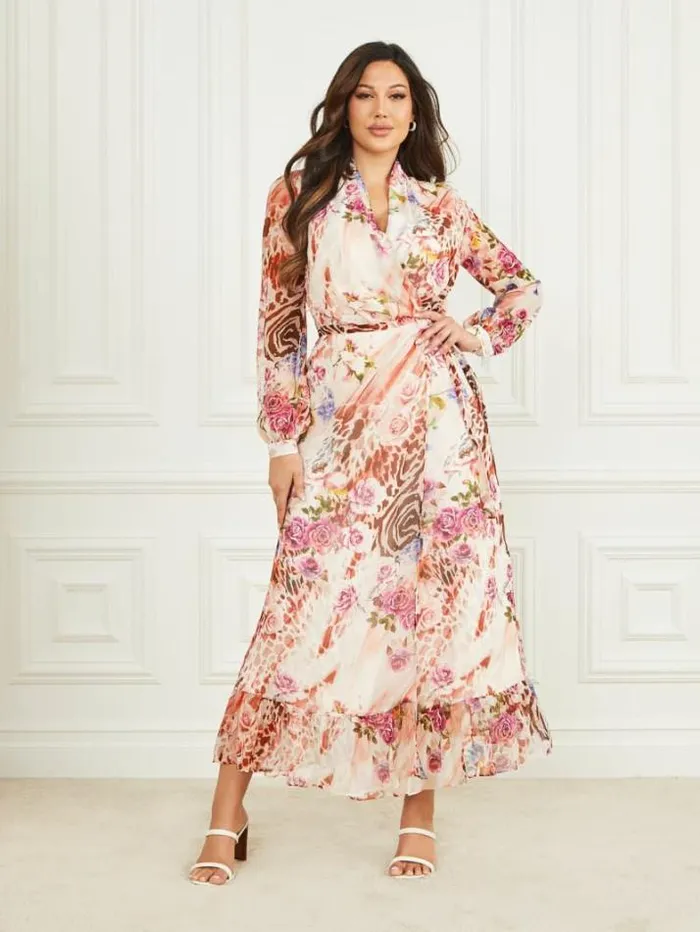 Marciano Rose Silk Wrap Dress Rose Shadow Print Women Dresses