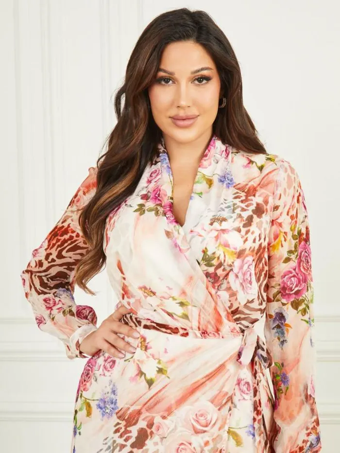 Marciano Rose Silk Wrap Dress Rose Shadow Print Women Dresses Marciano Rose Silk Wrap Dress Rose Shadow Print Women Dresses
