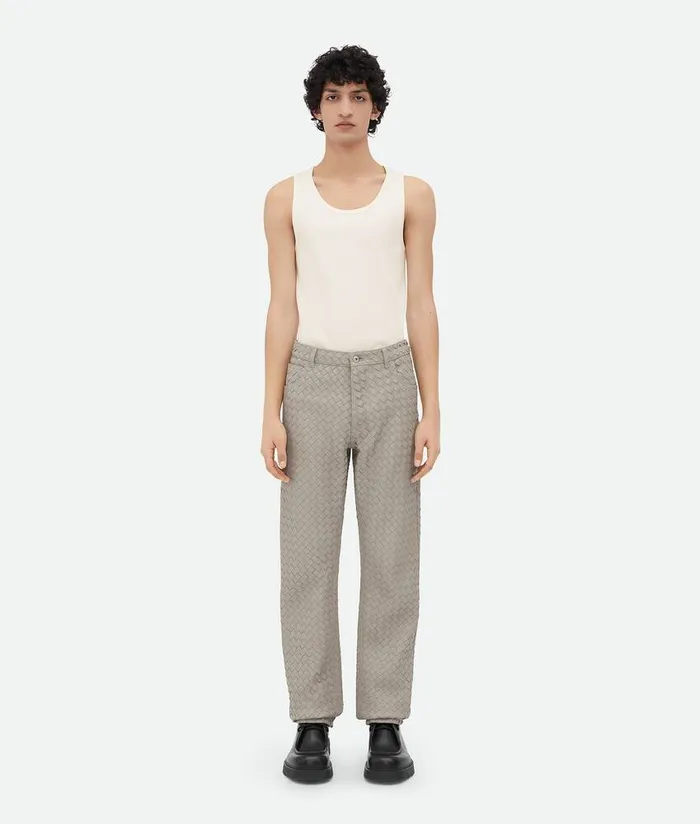 Men Bottega Veneta Leather Intrecciato Leather Straight Leg Trousers Metallic Mist