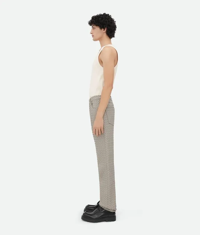 Men Bottega Veneta Leather Intrecciato Leather Straight Leg Trousers Metallic Mist