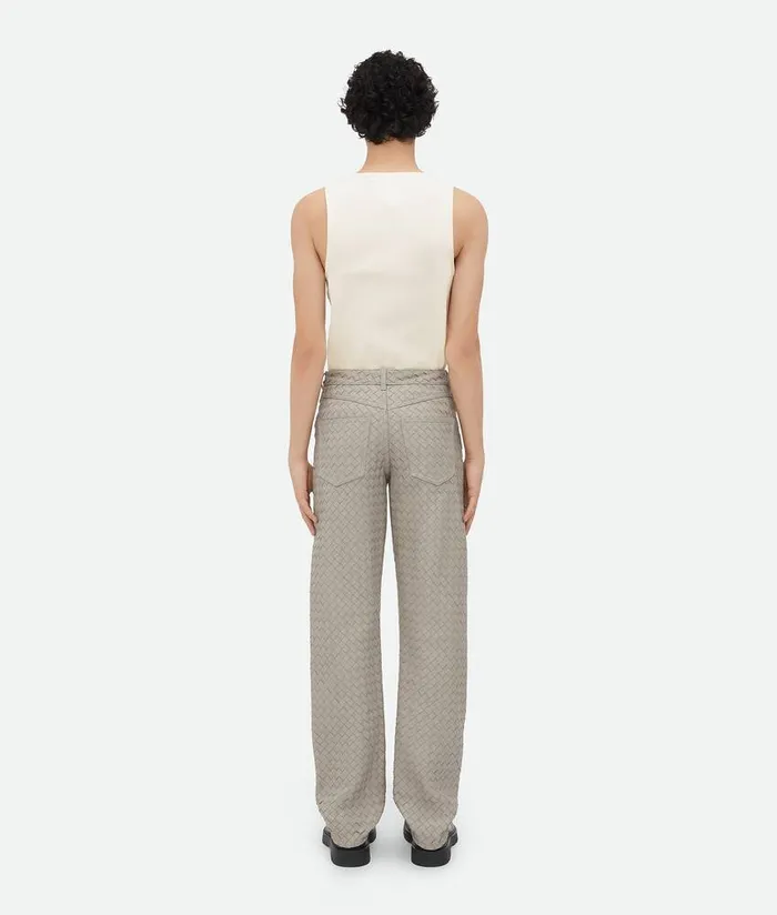 Men Bottega Veneta Leather Intrecciato Leather Straight Leg Trousers Metallic Mist