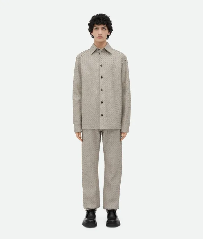 Men Bottega Veneta Leather Intrecciato Leather Straight Leg Trousers Metallic Mist