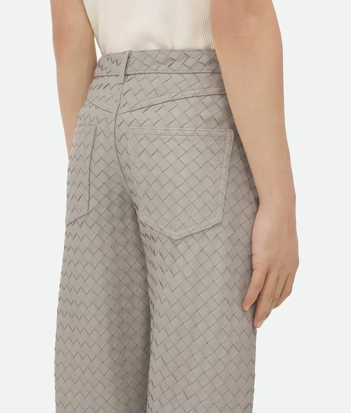 Men Bottega Veneta Leather Intrecciato Leather Straight Leg Trousers Metallic Mist