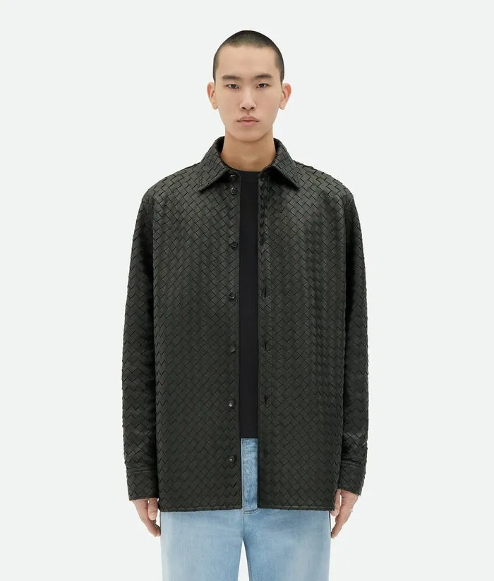 Men Bottega Veneta Leather Intrecciato Relaxed Leather Shirt Green