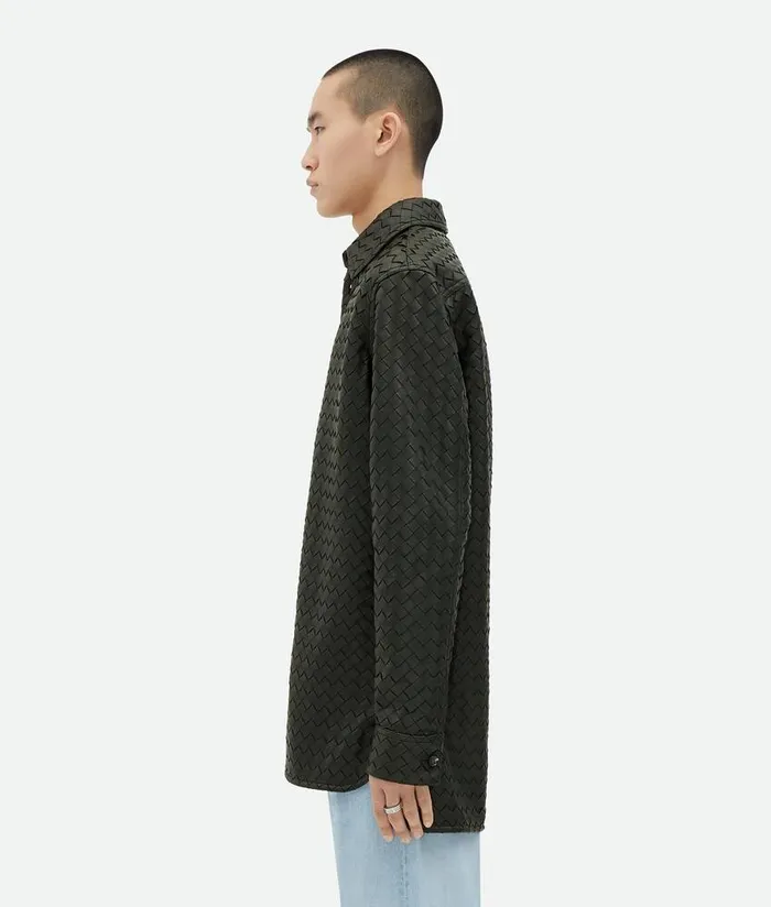 Men Bottega Veneta Leather Intrecciato Relaxed Leather Shirt Green
