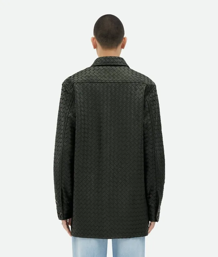 Men Bottega Veneta Leather Intrecciato Relaxed Leather Shirt Green