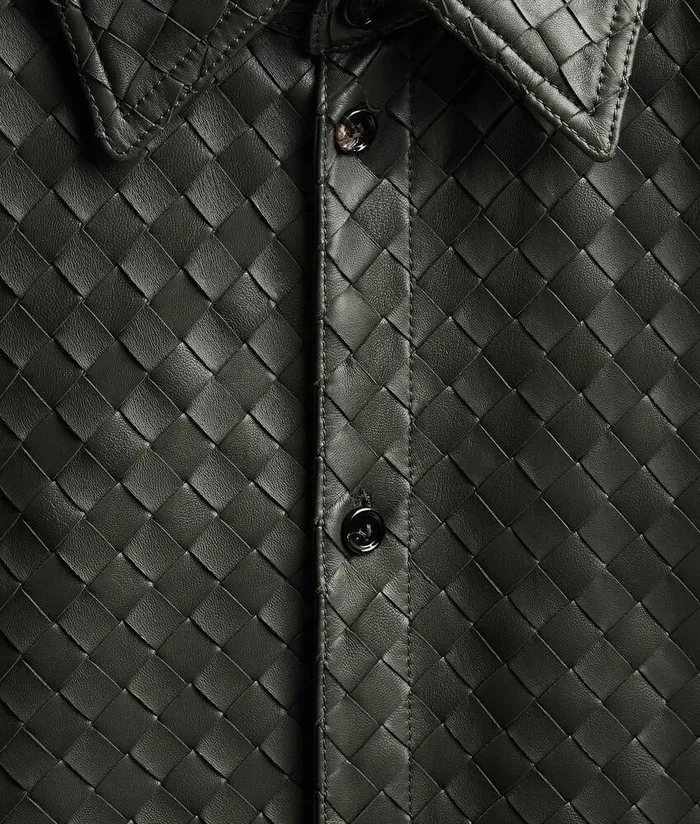 Men Bottega Veneta Leather Intrecciato Relaxed Leather Shirt Green
