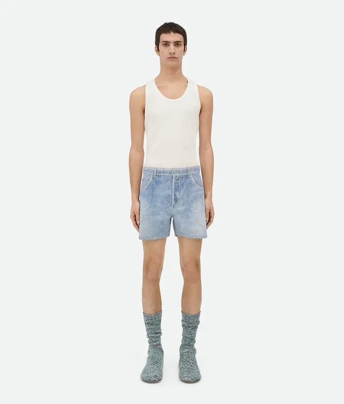 Men Bottega Veneta Leather Printed Leather Denim Shorts Light Blue