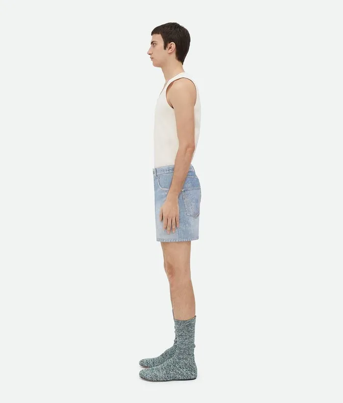 Men Bottega Veneta Leather Printed Leather Denim Shorts Light Blue