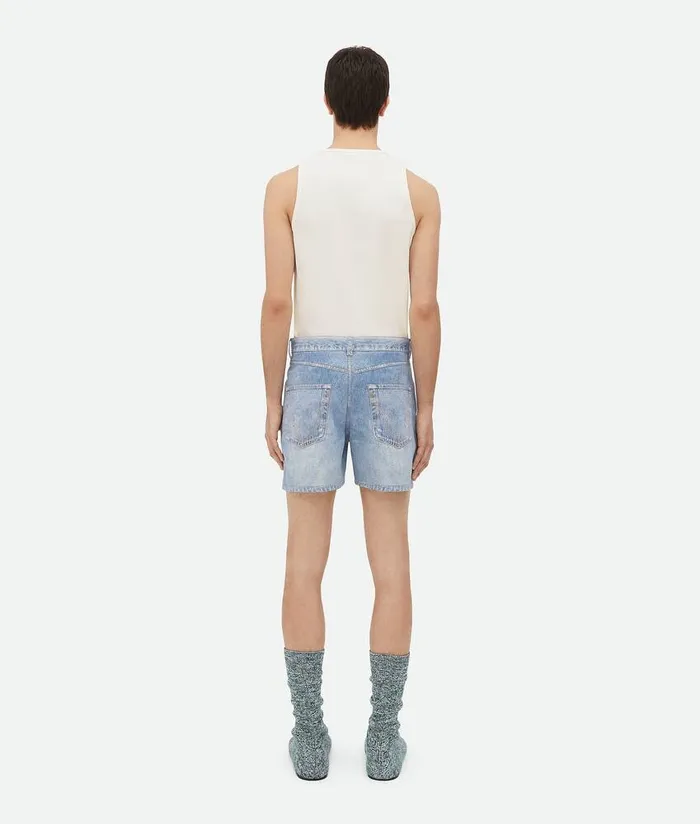 Men Bottega Veneta Leather Printed Leather Denim Shorts Light Blue